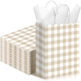Kolldenn 24 Pcs Light Beige Gingham Party Supplies Gift Bags with Handles Kraft Paper Checkered Plaid Treat Candy Goodie Bags fo