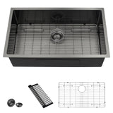 Lordear 30 Black Stainless Steel Kitchen Sink - 30x18 Inch Kitchen Sink Undermount 16 Gauge Stainless Steel Gunmetal Black Singl