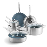 GreenPan Treviso 10 Piece Cookware Set, Non-Toxic PFAS-Free Stainless Steel Ceramic Nonstick Coating, Induction Suitable, Pots,
