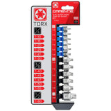 CARBYNE Super Short Low Profile Torx Bit Socket Set 12 Pieces T10 to T60 Sizes, Internal Square Drive & External Hex Drive