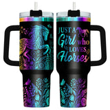 34HD Laser Engraved Horse Tumbler with Handle & Straw, 40oz Stainless Steel Double Wall Vacuum Insulated Cowgirl Travel Mug, Hor