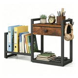 MAHANCRIS Desktop Shelf Organizer, 2Tier Wooden Desk Bookshelf, Small Tabletop Book Shelf with Drawer and Hooks, Countertop Sto