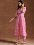Libas Womens Printed Cotton A-Line Kurta With Trousers Pink 2Xl