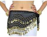 Fdf Unisex Belly Dance Chiffon Hip Scarf Wrap Belt Tribal Coin Sash Black With Gold Coins For Girls And Women