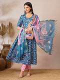 Anni Designer Women'S Cotton Blend Anarkali Printed Kurta With Pant & Dupatta (Nina Kerocin-Vks01_L_Blue_Large),Blue,L,,,
