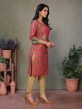Rangita Red Cotton Knee Length Embroidered Straight Kurti | Kurta For Women_M