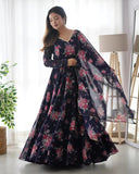 Wedani Women Floral Print Anarkali Kurta With Pant And Duptta (Small Navy),Navy,S,Georgette,Anarkali,Dupatta