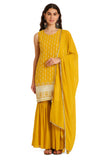 Shopping Queen Womens Georgette Embroidered Regular Fit Kurta Sharara Set With Dupatta (A509_Corn Yellow_S) -Like New