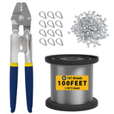 Sanuke Wire Rope Crimping Tool Kit, 100FT 1/16 Stainless Steel Cable 7X7 Strand Core, 100PCS Aluminum Crimping Loop Sleeve, 12PC