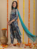 Anni Designer Women'S Rayon Blend Straight Printed Kurta With Pant & Dupatta (Rishi Blue_L_Blue_Large),Blue,L,Rayon Blend,Regular,