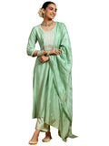 Libas Gerua Womens Embroidered Silk Blend Straight Kurta With Trousers And Dupatta