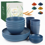 Wrova Wheat straw plates and bowls sets of 16 - Unbreakable wheat straw dinnerware sets for camping - Alternative plastic dinner
