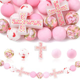 Echoed Elegance 22Pcs Silicone Focal Beads with Cross and Round Floral Patterns, Pink, for Keychain, DIY Crafting, Jewelry Makin