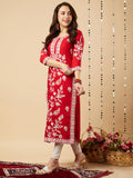 Anni Designer Women'S Cotton Blend Chikankari Embroidered Straight Kurta (Pot Red-Bgt_M_Red_Medium),Red,M,Cotton Blend,Regular,