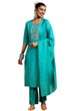 Libas Gerua Womens Embroidered Silk Blend Straight Kurta With Trousers And Dupatta