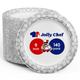 JOLLY CHEF 9 inch 140 Pack Disposable Paper Plates,Soak Proof, Cut Proof, Heavy Duty Printed Paper Plates for Everyday Use