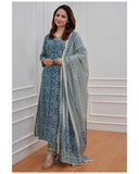 Anni Designer Women'S Cotton Blend Block Printed Straight Kurta With Pant & Dupatta (Nihira Blue_L_Blue_Large),Blue,L,Cotton Blend,Regular,
