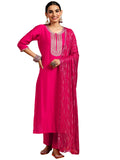 Libas Gerua Womens Yoke Design Silk Blend Straight Kurta With Trousers And Dupatta