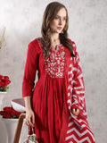 Anni Designer Women'S Rayon Blend Anarkali Embroidered Kurta With Pant & Dupatta (Varalaxmi Red-Vks02_L_Red_Large),Red,L,,,