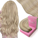 YoungSee 100G 14Inch Sew in Hair Extensions Real Human Hair, Blonde Highlight Weft Hair Extensions, Warm Ash Blonde Highlights B