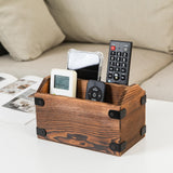 ExoLiry Brown Torched Wood Remote Control Organizer Burnt Wooden Tabletop Storage Caddy Two Compartment Holder TV Game Consoles