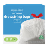 Amazon Basics 13 Gallon Flextra Strength Tall Kitchen Drawstring Trash Bags, Tear Resistant, 10% Post Consumer Recycled, 90 Coun