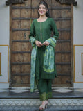 Libas Womens Embellished Silk Blend Straight Kurta With Trousers And Dupatta Green Xl