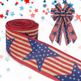 Threetols Patriotic Wired Edge Ribbons 2.5 10 Yards, Veterans Day Linen Red Blue Wired Ribbon Patriotic Star Fabric Craft Ribbon