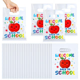 Kolldenn 100 Pcs Welcome Back to School Gift Bags Bulk 7 x 9.5 Inch First Day of School Apple Plastic Bags with Handles for Clas