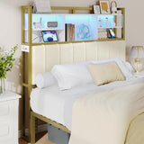 Hzuaneri Headboard with 3-Tier Storage Shelves, Velvet Upholstered Head Board with 2 Outlets, USB Ports & LED Light, Soft Backre