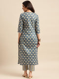 Anni Designer Women'S Cotton Blend Straight Printed Kurta With Pant Set (Tbh Blue-Nwg_3Xl_Blue_Xxx-Large),Blue,3XL,Cotton Blend,Regular,