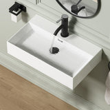 Wall Mount Rectangular Bathroom Sink, QISHKA 24x14 Modern Ceramic Floating Vessel Sink, White Rectangle Vanity Sink with Overflo