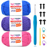 3 Pack Beginners Crochet Kit - Dark Blue, Purple, Hot Pink Cotton-Nylon Blend Yarn for Crocheting & Knitting with Easy-to-see St