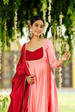 Anni Designer Women'S Rayon Viscose Solid Anarkali Kurta With Pant & Dupatta (Kuspari Peach_S_Peach_Small),Peach,S,,,
