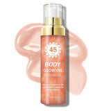 QIUFSSE Body Glow Oil,SPF 45 Broad Spectrum,Body Oil Shimmer Sunscreen with Rose Gold Mica,Lightweight Non-Sticky,Moisturizing C