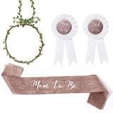 Xinnun 4 Pieces Mom to Be Sash Baby Shower Decor for Mommy and Dad Corsage Pin with Flowers Crown for Party Gender Reveal(Linen