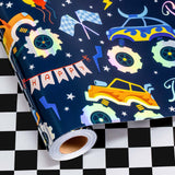 MAYPLUSS Monster Truck Wrapping Paper Roll, Reversible Checkered Flag Birthday Gift Wrap, Perfect for Kids and Boys Birthdays, 1