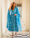 Gosriki Women'S Cotton Blend Floral Regular Kurta With Pant & Dupatta (Kalishta Sky Blue-Gs 3Xl),Sky Blue,3,B0CGD6FWRL