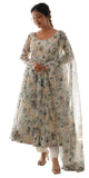 Shasmi Women's White Grey Georgette Anarkali Floral Printed Kurta with Pant & Dupatta (Dress 114 White Grey M)