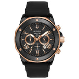 Bulova Mens Marine Star Series A Black and Gold IonPlated Stainless Steel 6Hand Chronograph Quartz Watch, Black Silicone Stra
