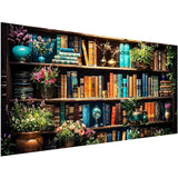 Ohhvvow 5D Bookshelf & Blooms Large Diamond Art Kit for Adults, 27.5x15.7 Inch Cozy Library Diamond Painting with Books & Flower