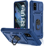 PASNEW Case for Samsung Galaxy S21 Ultra,Camera Cover Slide & Charge Port Dust Plug & 360 Metal Finger Ring Kickstand,Military H