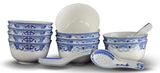10 Pcs Fine Bone China Blue and White Chinese Soup Bowls Ceramic Porcelain Bowl, with Free 10 Porcelain Spoons Rice Bowl