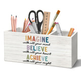 Yjeslw Boho Motivational Pen Holder Organizer for Desk Accessories, Imagine Believe Achieve Positive Wooden Box Sign Desk Decora