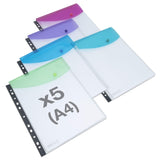 Rapesco 1630 ECO Recycled High-Capacity Punch Pockets, A4, Clear with Assorted Colour Flaps, Pack of 5