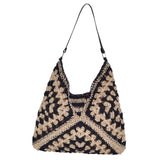 Snappsy Woven Shoulder Bag Foldable Casual Summer Beach Tote For Beach Vacation Trip Black Beige