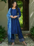 Libas Womens Embellished Silk Blend Straight Kurta With Trousers And Dupatta Blue 2Xl