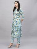 Gosriki Women'S Cotton Blend Straight Printed Kurta With Pant (Dafiya Blue-Gs_L_Blue_Large),Blue,,B0CSG54BF3