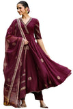 Anni Designer Women'S Cotton Blend Printed Anarkali Kurta With Pant & Dupatta (Berlin Wine_S_Wine_Small),Wine,S