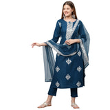 Anni Designer Women'S Cotton Blend Straight Embroidered Kurta With Pant & Dupatta (Weekend Rama-New_Xxl_Rama_Xx-Large),Rama,2XL